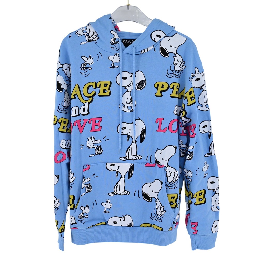 L NWT Peanuts Snoopy All Over Print Hoodie Peace Love Blue Pullover Sweatshirt